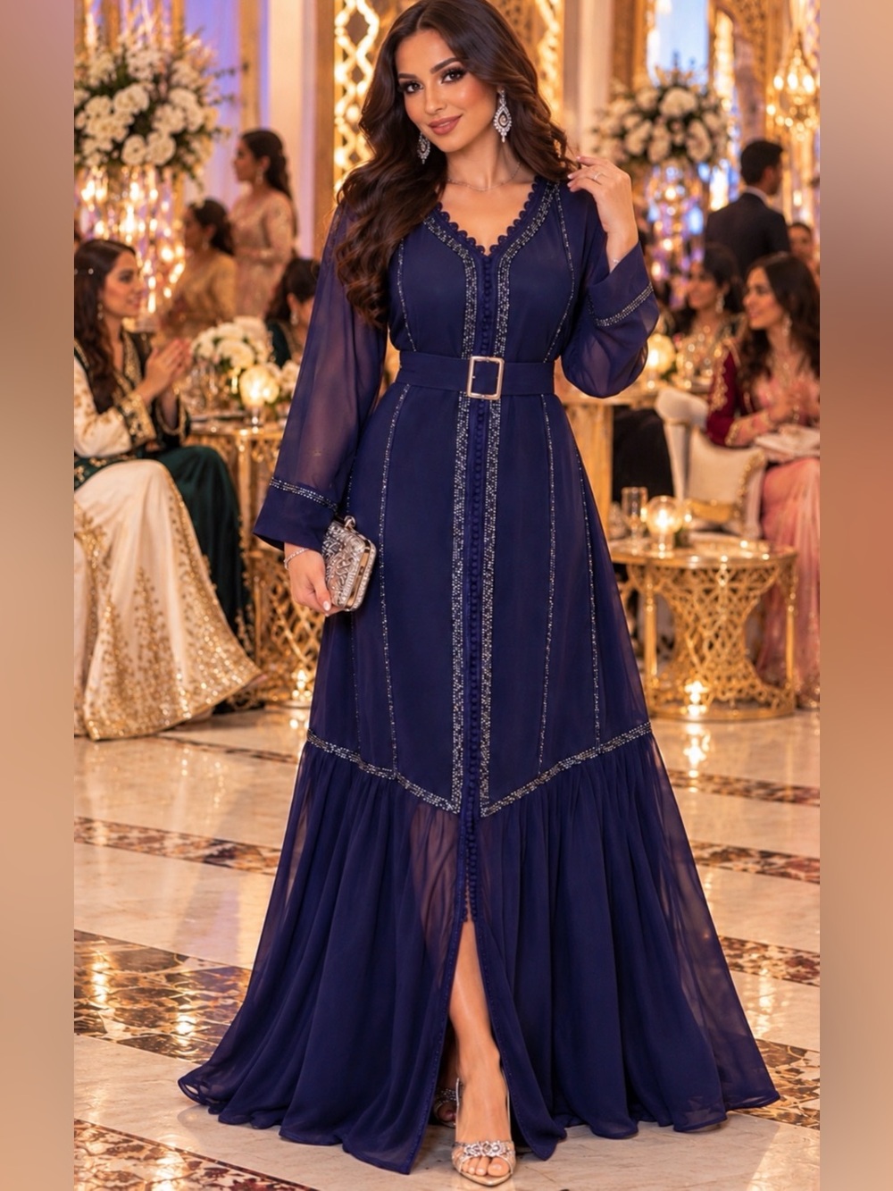 Elegant Navy Blue Beaded Maxi Dress with Belt